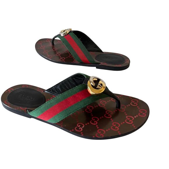 Gucci Kika Interlocking GG Web Stripe Flat Thong Sandals Red Green Size EU 38 - Picture 1 of 12